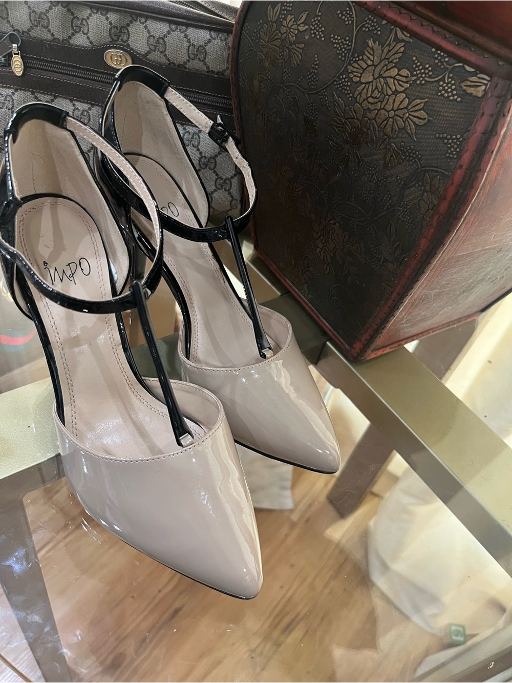 Impo Two-Tone Patent T-Strap Pointed-Toe Heels in Black & Beige
